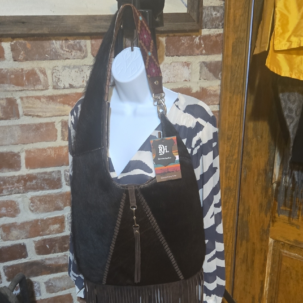 Black Fringe Leather & Haircalf Shoulder Bag with Patterned Strap